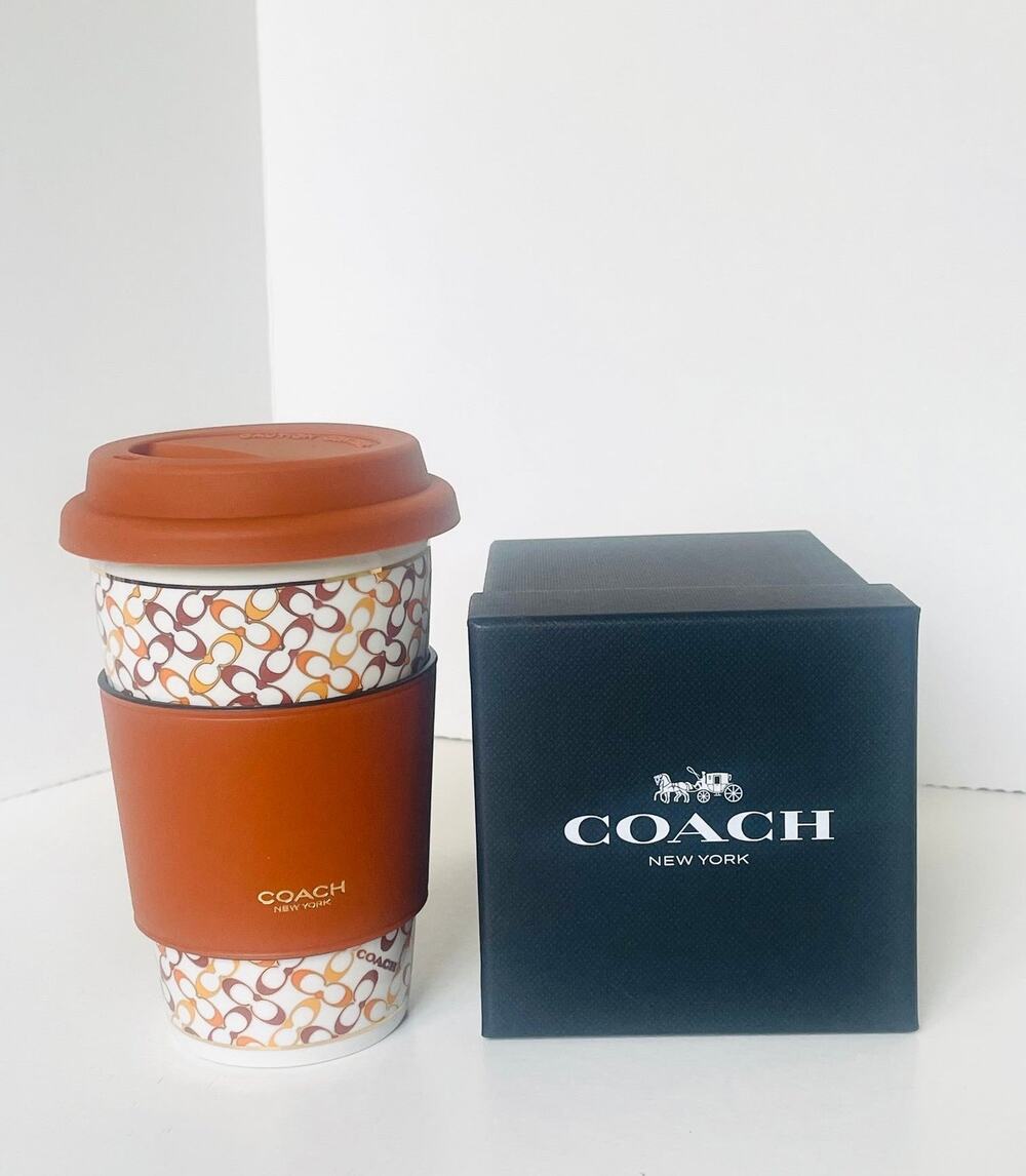 Coach Signature Hot Lidded Travel Cup Ceramic Leather Sleeve Boxed